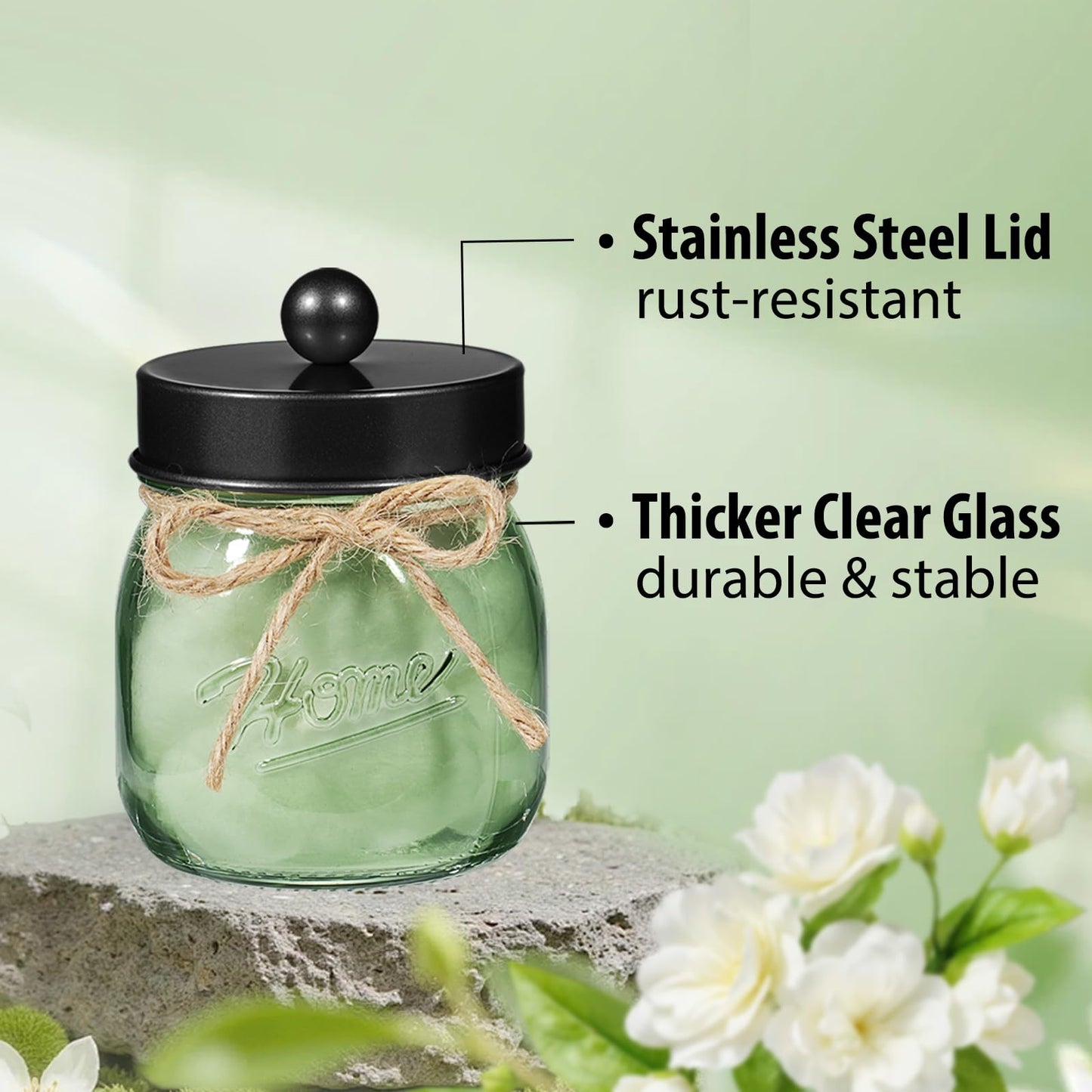 SheeChung Green Glass Qtip Holder Dispenser, Mason Jar Apothecary Jars with Lids, Bathroom Organizers and Storage, Vanity Countertop Canisters Set for Cotton Swab, Ball, Pad, Floss Pick-Black, 3 Pack