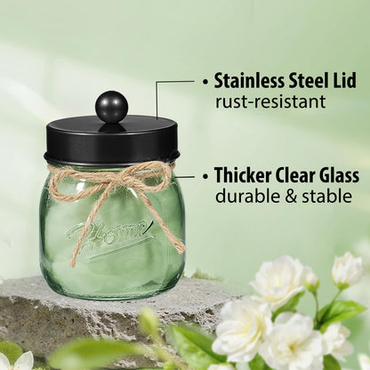 SheeChung Green Glass Qtip Holder Dispenser, Mason Jar Apothecary Jars with Lids, Bathroom Organizers and Storage, Vanity Countertop Canisters Set for Cotton Swab, Ball, Pad, Floss Pick-Black, 3 Pack