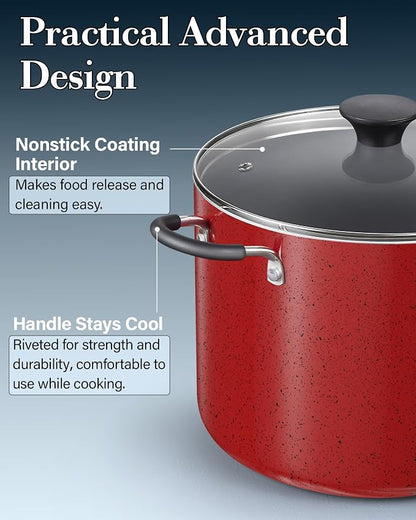 Cook N Home Professional 10.5 Quart Nonstick Stock Pot with Lid, Riveted Handles, Big Soup Pot for Holiday Feasts, Stockpot with Even Heating, Induction Cookware, Oven & Dishwasher Safe, Marble Red