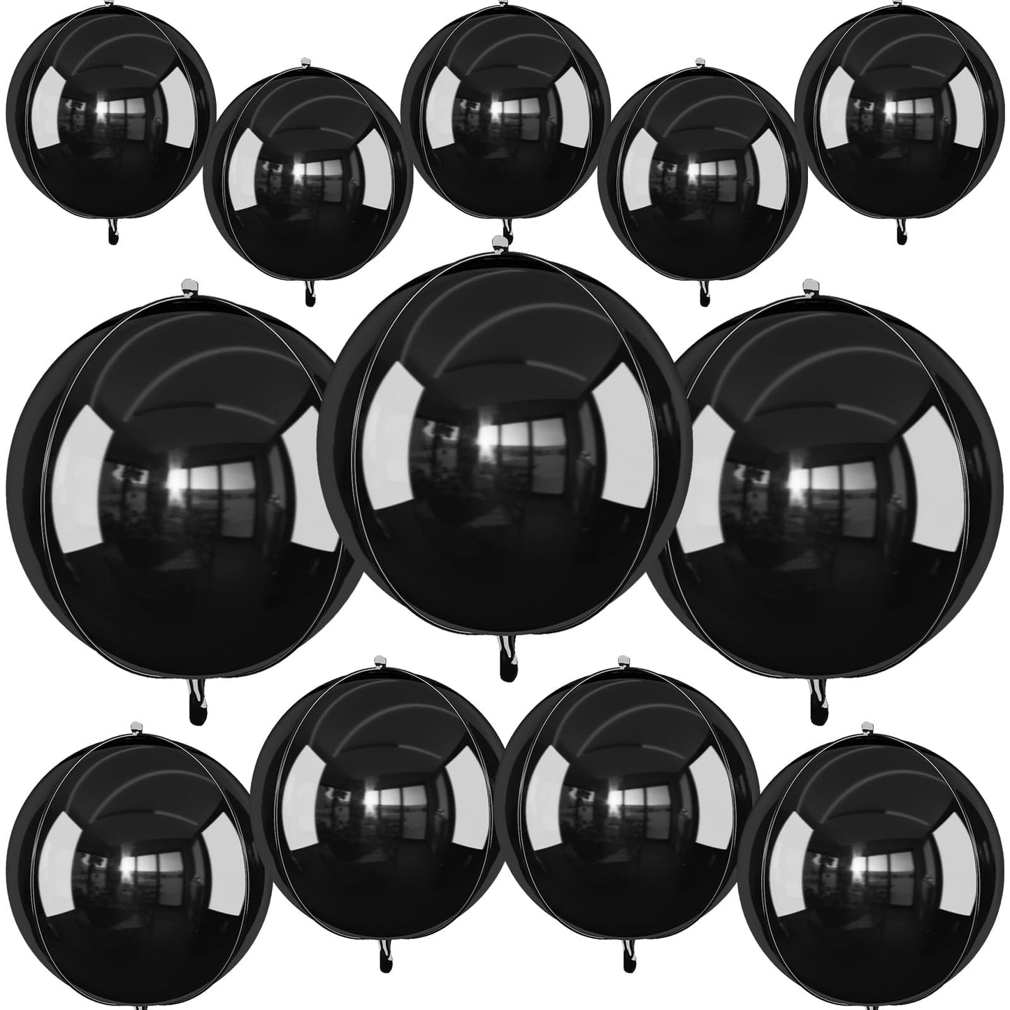 12Pcs Black Round Foil Balloons, 22" 15" 10" Metallic Black 4D Ball Balloons for Birthday Graduation Christmas New Year Eve Halloween Party Backdrop Decorations