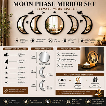 NESHE Moon Phase Mirror Wall Decor Set with Birds | Gothic Witchy Boho Wall Mirror Decor | Scandinavian Aesthetic Home Decor for Bedroom Living Room (Black)