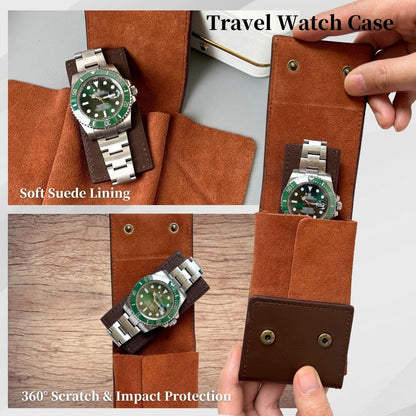 IcyKiwii Leather Watch Case, Watch Travel Pouch, Single Watch Box for men and women, Luxury Watch Organizer, Watch Storage (Brown)