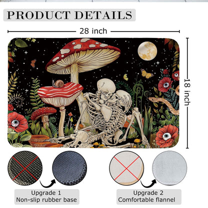 EXUQO Hippie Skeleton Door Mat,Groovy Mushroom Skull Welcome Mat Indoor Entrance for Home Living Room Bedroom Bars Cafe Porch,28x18 Inch