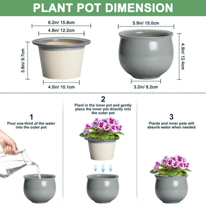 Teagas 6 Inch Ceramic African Violet Pot, Easy Self Watering Pots with Absorbent Inner Pot, Round Self Watering Planter, Ceramic Pots for Plants Indoor, Apartment Decor, Housewarming Gifts, Grey
