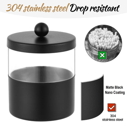 Gaussra Black Apothecary Jars, Black Qtip Holder - Stainless Steel Bathroom Jar with Stickers - Farmhouse Decor Qtip Dispenser for Qtips, Cotton Balls, Swabs, Makeup Sponges (2-Pack)