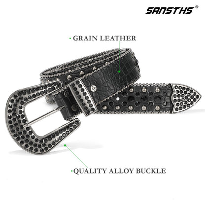 SANSTHS Women Rhinestone Belt for Jeans, Western Cowgirl Bling Studded Belt Faux Crocodile Grain Leather, Black L