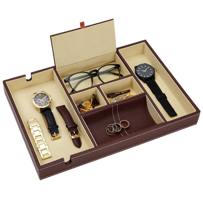 Juvale Rectangular Catchall Tray - 6-Compartment Nightstand Organizer - Polished Key Bowl - Portable Drawer Organizer - Brown Faux Leather