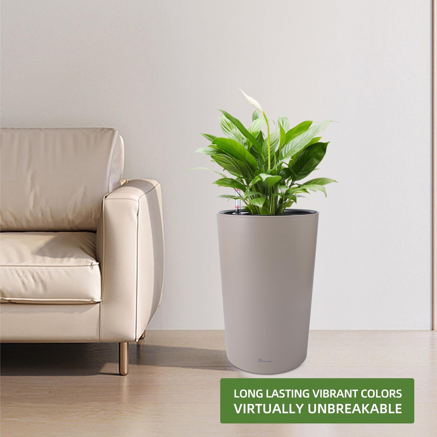Dexceder 16x12 Tall Self Watering Planter High Cylinder Indoor Outdoor, Thickened Large Floor Standing Flower Plant Pot with Water Level Indicator (Taupe Matte)