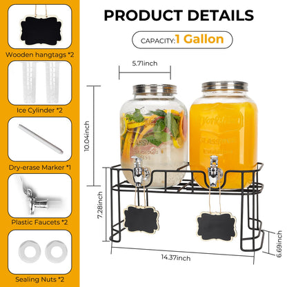 2 PACK 1 Gallon Glass Drink Dispensers, Beverage Dispenser With Stand