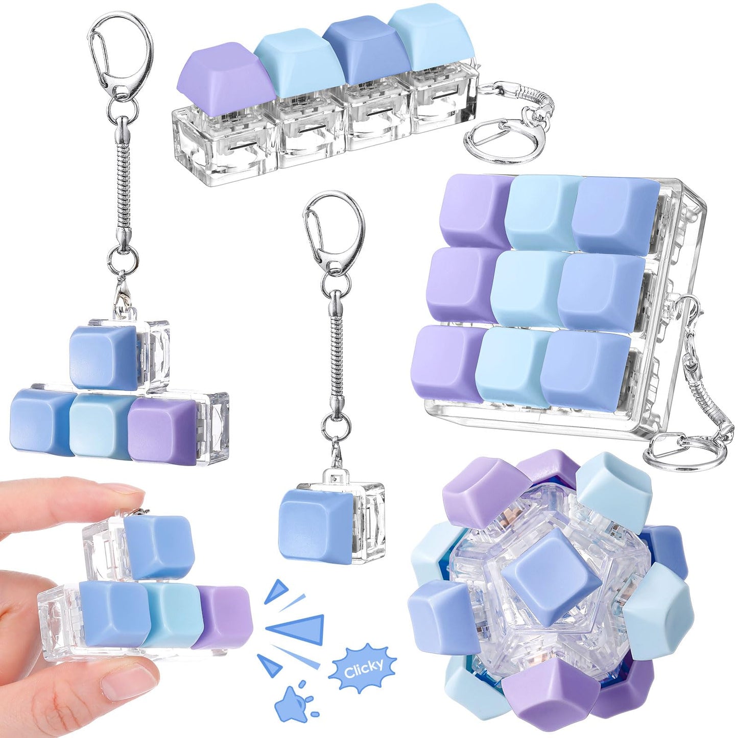 Halloscume 5 Pcs Keyboard Adult Fidget Clicker in 5 Styles Keyboard Fidget Keychain Cube Mechanical Key Button Clicker Stress Relief Gift for Office Home Pass Time(Blue Purple)