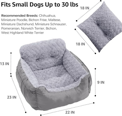 Oiilores Dog Car Seat for Small Dogs, Washable Pet Booster Seats with Clip-On Safety Leash, Comfy Deluxe Plush Carseat with Pockets, Puppy Car Travel Carrier Bed for Dogs Under 25 lbs, Light Grey