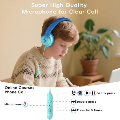 Candy Bila Kids Headphones, Wired Headphones for Kids with Microphone, 85/94dB Volume Limiter Headphone for Girls Boys, Foldable Headphone for Online Study, Gradient Blue