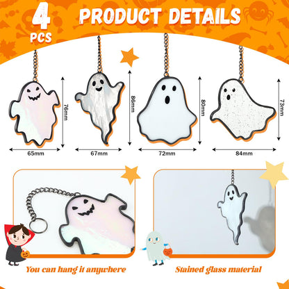 Yungyan 4 Pcs Halloween Ghost Stained Glass Suncatcher Hand Painted Window Hangings Suncatcher Halloween Goth Decoration for Home, Office, Kitchen, Living Room, Wall
