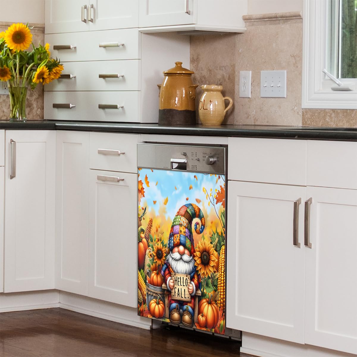 Pumpkin Gnome Cute Sunflower Fall Dishwasher Magnet Cover Pumpkin Flower Magnetic Dishwasher Decorative Cover Front Dishwasher Door Cover for Kitchen Refrigerator Home Appliances 23" X 26"