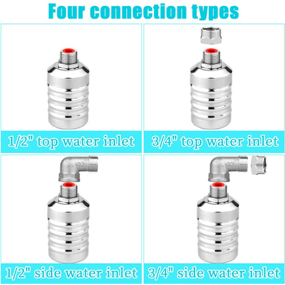 2pcs Water Float Valve, Stainless Steel Automatic Water Level Control Float Valve 1/2in and 3/4in Connection Types for Fish Tank Swimming Pool Livestock Trough