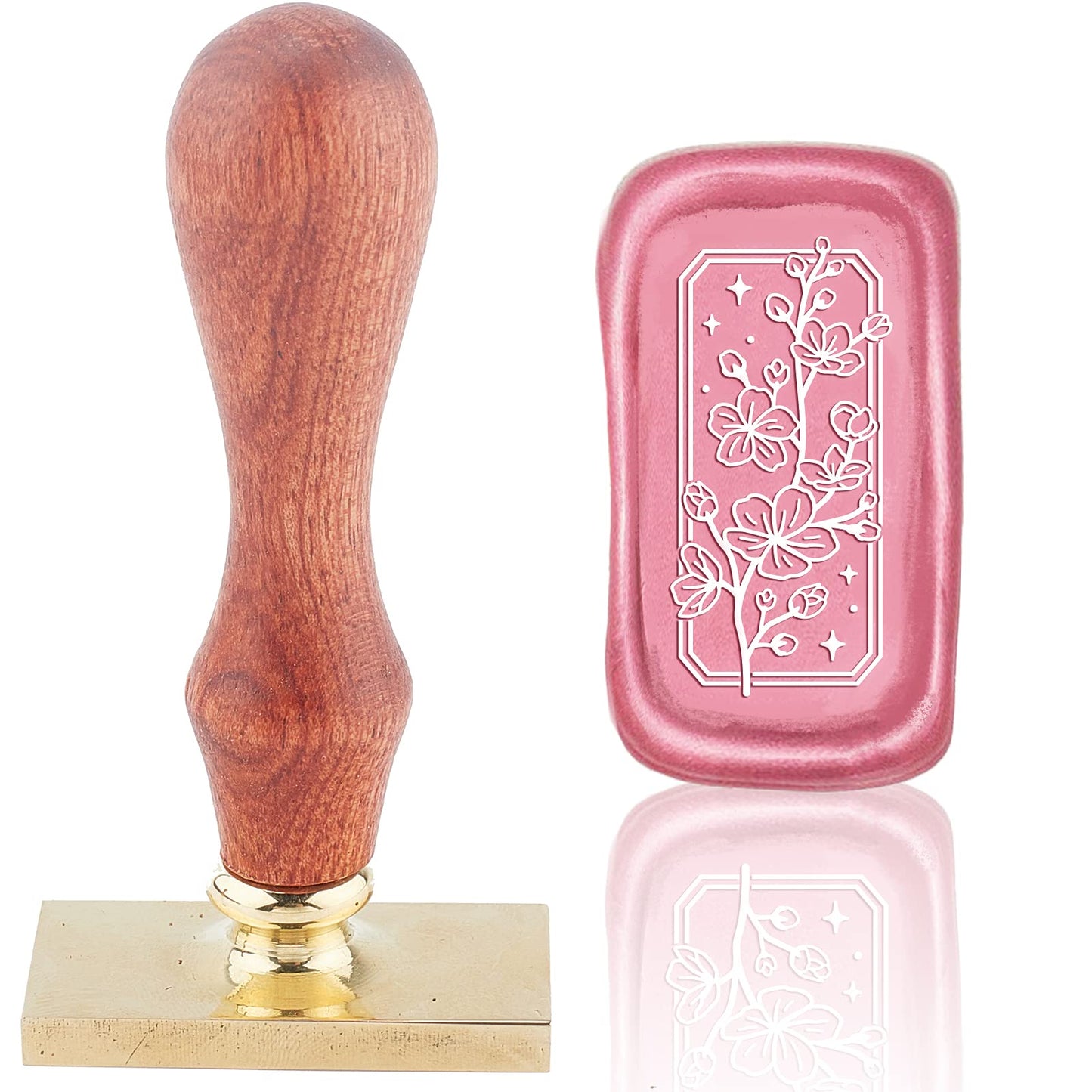 CRASPIRE Cherry Blossom Stars Wax Seal Stamp Rectangle Removable Brass Head with Wooden Handle for Wedding Invitations & Gift Wrap