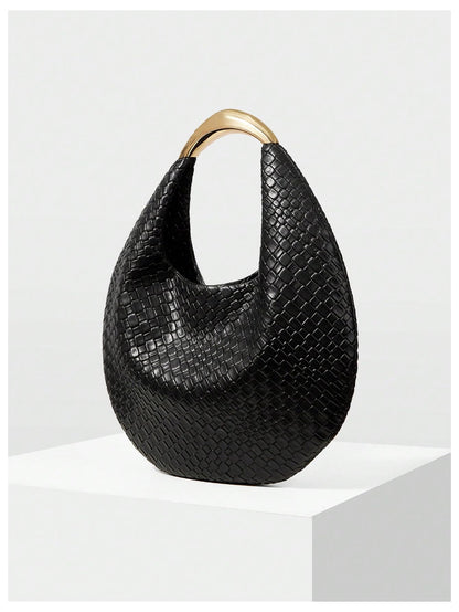QWINEE Women's Woven Handbag Elegant Clutch Purse Metal Top Handle Cresent Evening Bag Retro PU Leather Clutch Purse Black One Size