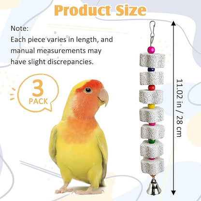 PINVNBY 3 Pack Bird Chewing Toy Lava Calcium Bird Beak Grinding Stone with Bell Hanging Parakeet Cage Accessories for Parrots Budgies Cockatiels African Grey (7 Block Per String)