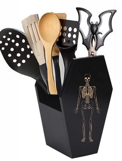TOSOENPHY Halloween Gothic Kitchen Decor - Goth Coffin Utensil Holder (Utensils Not Included), Dual-Sided Laser-Etched Skeleton, Solid Wood Large Capacity for Spooky Bats Spoons Skull Spatulas