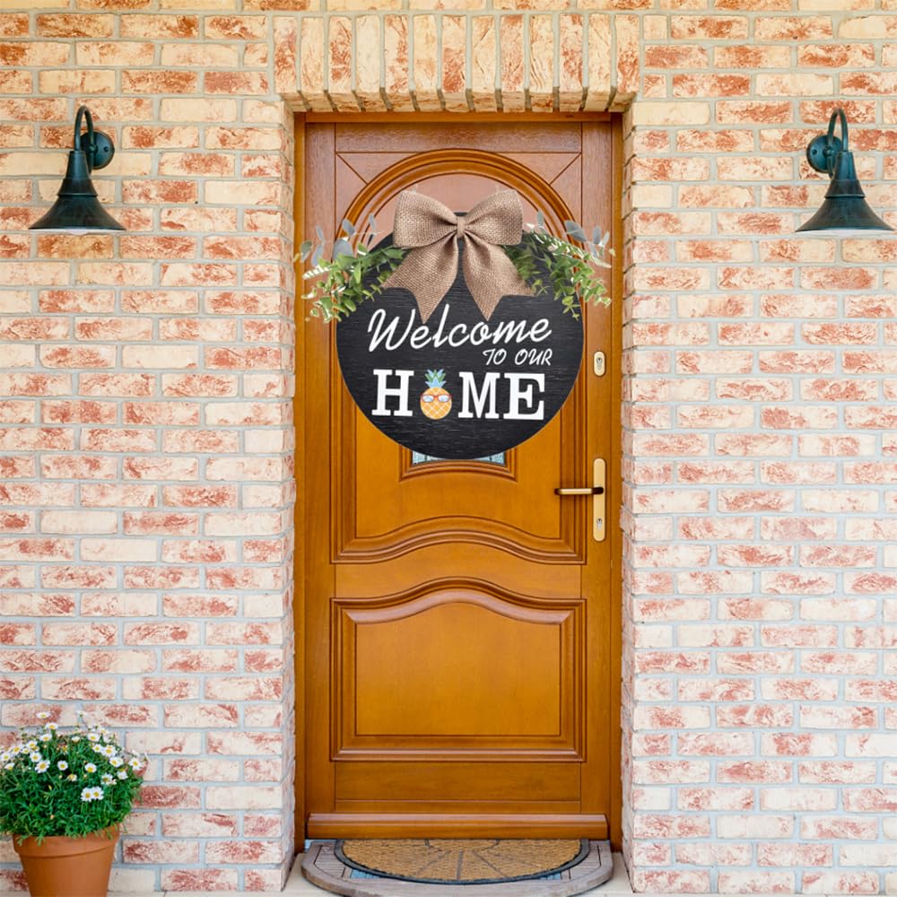 Welcome Wreaths Sign Wreaths Interchangeable Wooden Seasonal Welcome Sign Welcome to Our Home Wreath with Burlap Bow, Greenery and Seasonal Ornaments 12" Decrations for All Seasons