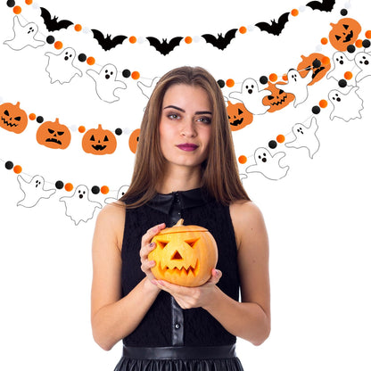 Doumeny 3Pcs Halloween Felt Garland Ghost Bat Felt Bunting Banner Pumpkin Pompom Ball Bunting Flag Black Orange White Ball Garland Halloween Hanging Banner for Party Fireplace Home Wall Decor