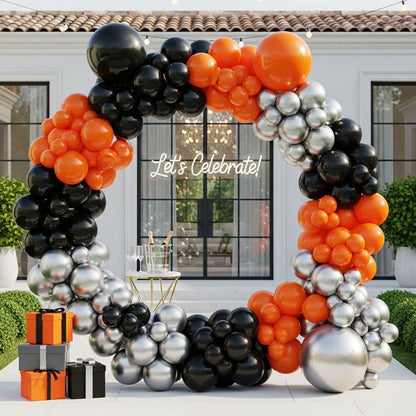 133pcs Orange Black Silver Balloons Garland for Halloween Decorations, Graduation, Basketball Theme Decorations, Party Backdrop, Birthday, Haunted House, Trick or Treat Party Supplies