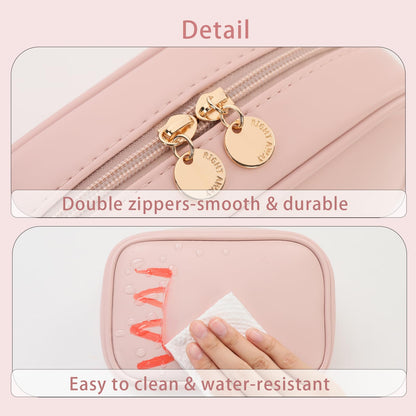 RIGHT AWAY Small Makeup Bag for Purse,Cosmetic Bag Organizer for Women,Waterproof PU Leather Make Up Pouch Toiletry Bag with Pockets,Portable Makeup Case for Travel Accessories&Accessories(Pink)