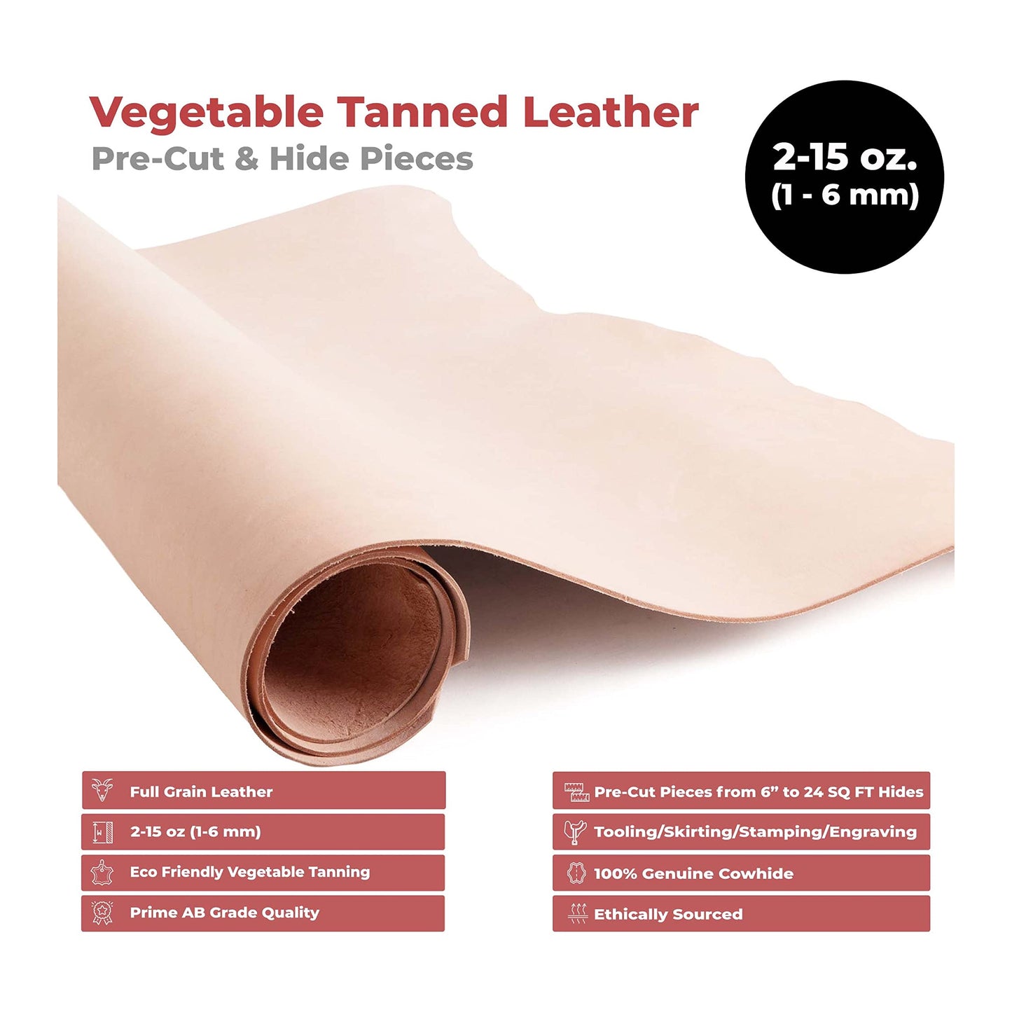 ELW 6-7 oz (2.4-2.8mm) Thickness Weight Pre-Cut 12"x24" Vegetable Tanned Leather Cowhide Grade AB Full Grain Leather for Tooling, Carving, Engraving, Molding, Embossing, Stamping, & Dyeing