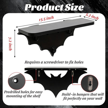 Zoonlinpp Bat Shelf Floating Shelves for Wall Halloween Gothic Room Decor for Bedroom Kitchen Livingroom Wall Shelf with 3 Key Hooks