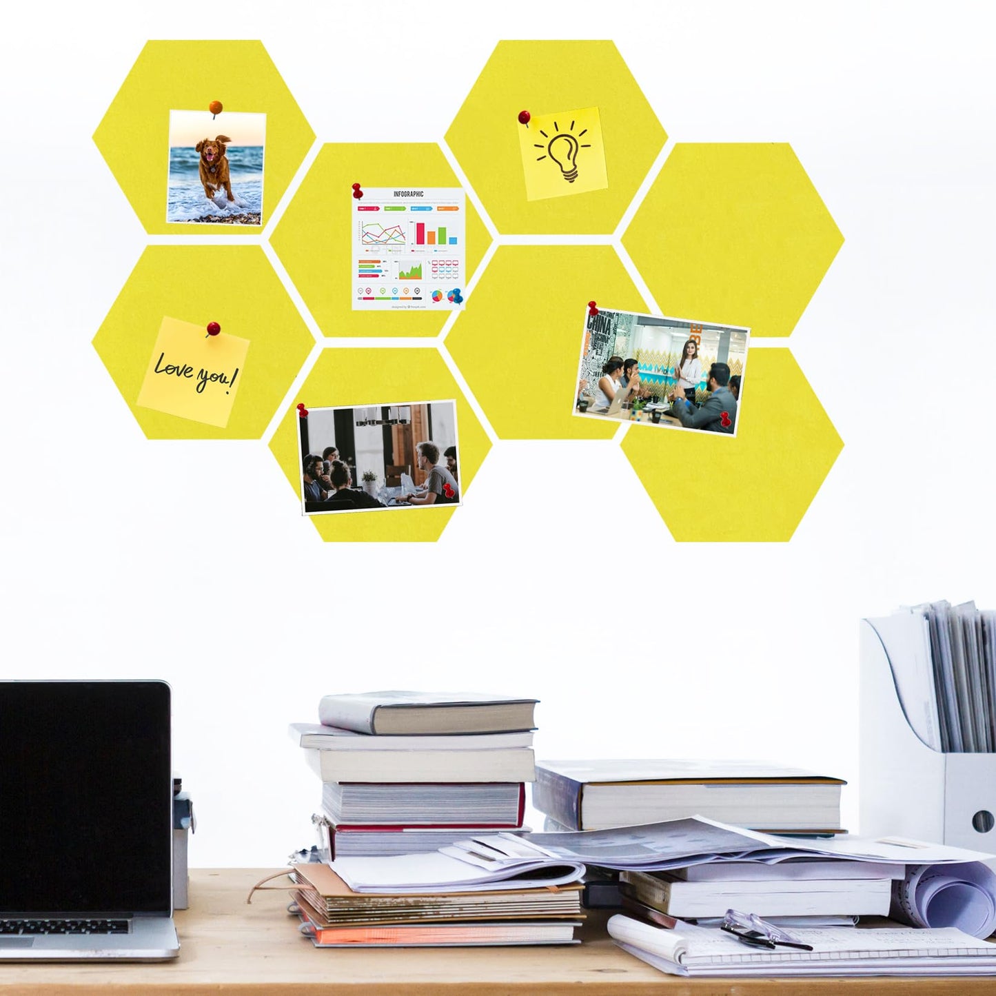 HULAVO Large Hexagon Felt Cork Board Tiles, Self Adhesive DIY Felt Bulletin Board Pin Board with 35 Pushpins for Office School Home Wall Decor Stickers Memos Photos Display(Yellow)