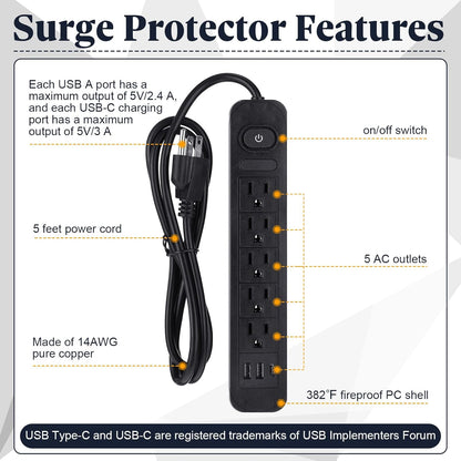 Kanayu 6 Pieces Power Strip Surge Protector with 5 Ac Outlets and 3 USB Ports, Heavy Duty Extension Cords Plug for Home Office Dorm(4.92 ft,Black)