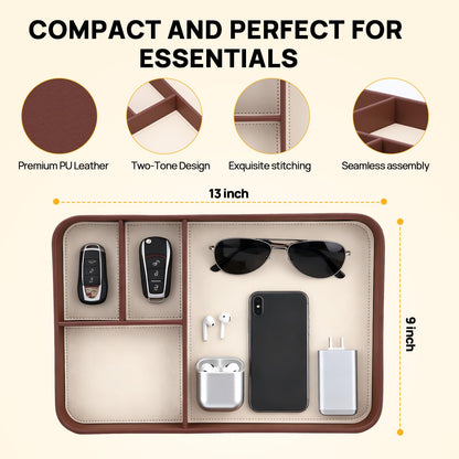 exsulity Leather Valet Tray, Stylish and Organized Multifunctional Tray, Nightstand & Desk Organizer, EDC Catchall for Keys Watch Jewelry Bedside Table Organizer