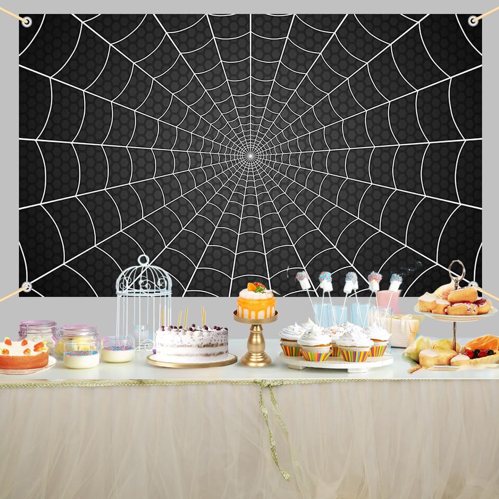 AIBIIN Spider Web Backdrop Black Spider Web Baby Shower Birthday Photograpy Background Super Hero Theme Baby Shower Party Decorations Banner Photo Props 70.8 x 43.3 inch
