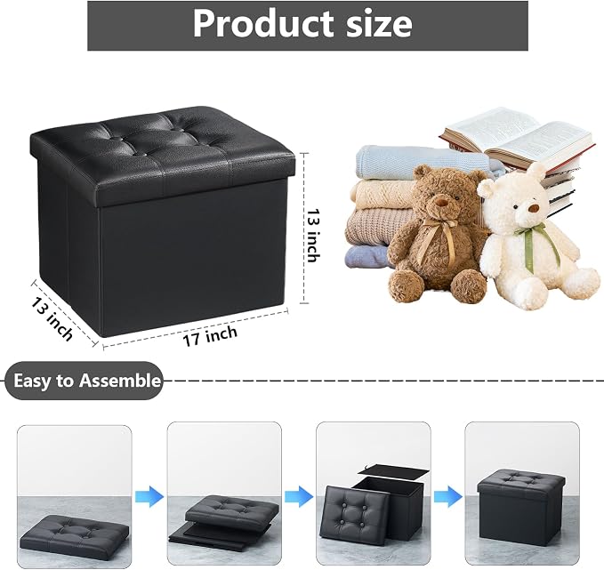 AmasSmile Storage Ottoman Folding Foot Rest Stool, Leather Footstool Bench, Short Ottoman Stool, Storage Foot Rest Store, Books (Black, 17" D x 13" W x 13" H)