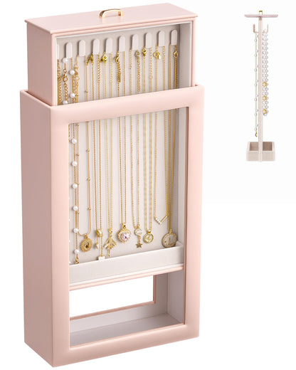 Lolalet Upgraded Double-Sided Hanging Necklace Organizer Box, Jewelry Display Case with Double-Sided Clear Window for Necklaces Bracelets, Tangle-Free Necklace Storage Box, Pink, 1-Layer 20 Hooks