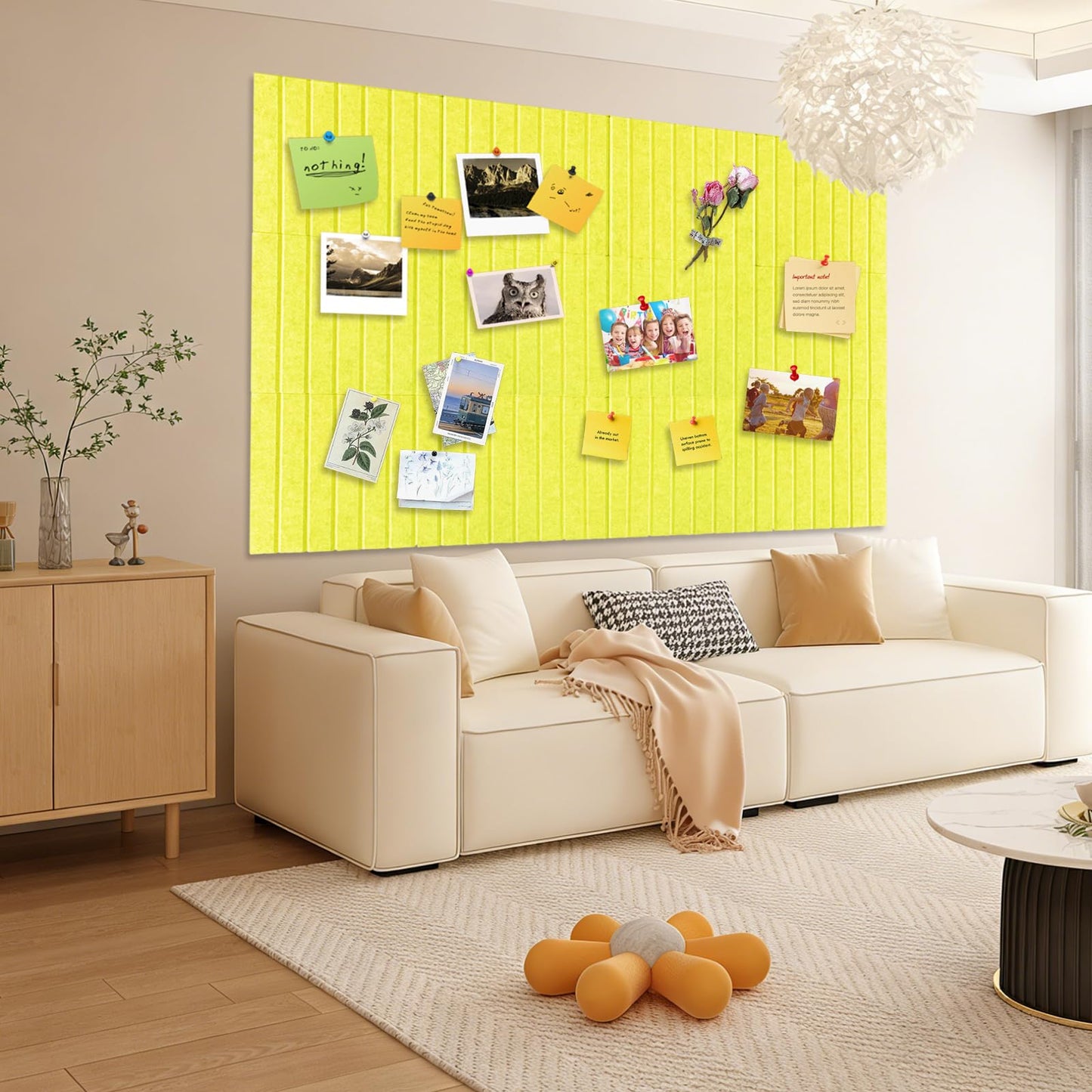 15 Pack Felt Bulletin Board, 35" x 59" Large Yellow Pinboard with 30 Push Pins, Felt Pin Board, Self-Adhesive Cork Board Tiles for Home, Office Walls, School Classroom Message Photos Display
