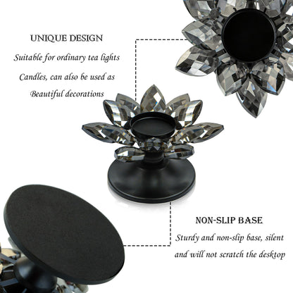 2 PCS Black Crystal Flower Tea Light Holder, Glass Tealight Candlestick with Metal Base, Votive Candle for Table Centerpiece, Wedding/Parties Decor, Nice Gift