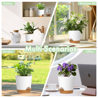 WSMKSZ 4 inch Self Watering Pots for Indoor Outdoor Plants, 6 Pack Plastic Flower Planters with Drainage Holes and Removable Saucers, Plant Pots with Wicking Rope, Modern Decor, White Brown
