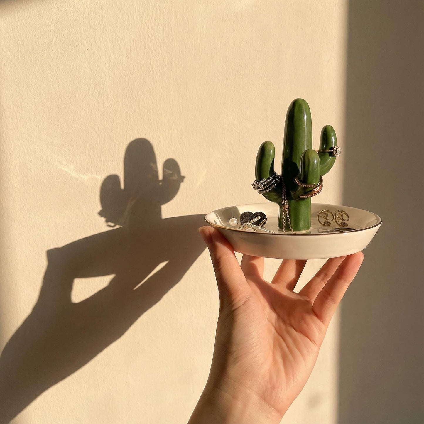 mono living Cactus Jewelry Holder and Ring Dish - Ceramic Succulent Decor for Kitchen Sink or Vanity - Cute Engagement, Birthday, or Mother’s Day Gifts for Women, Gold-Rimmed Trinket Tray