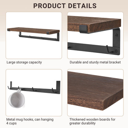 Dahey Mug Holder Wall Mounted Mug Rack with Hooks, Set of 2, Storage Rustic Floating Shelf Coffee Bar Accessories Wood Coffee Cup Hanger for Organizing Cooking Utensil Home Kitchen Decor, Brown