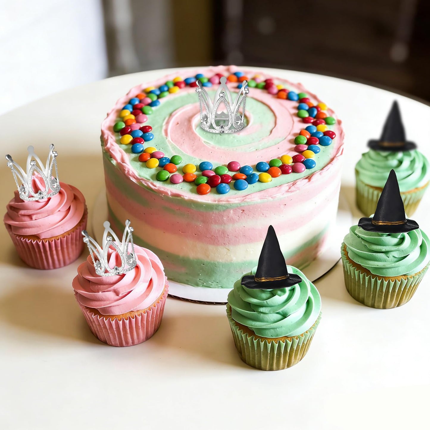 shuielai 24 Pcs Witch Hat & Crown Cake Topper, Mini Wizard Hats Silver Crown Cupcake Toppers, Wicked Witch Birthday Party Decorations & Princess Cake Accessories for Party Supplies & DIY Crafts