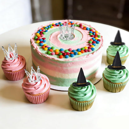 shuielai 24 Pcs Witch Hat & Crown Cake Topper, Mini Wizard Hats Silver Crown Cupcake Toppers, Wicked Witch Birthday Party Decorations & Princess Cake Accessories for Party Supplies & DIY Crafts