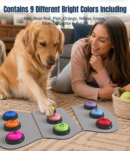 Acools Dog Buttons for Communication, 9 Pcs Recordable Talking Button Set with 30s Voice, Pet Training Buzzer Kit for Dogs and Cats, Waterproof Anti-Slip Mat, 48 Scene Stickers for Outside/Food/Play