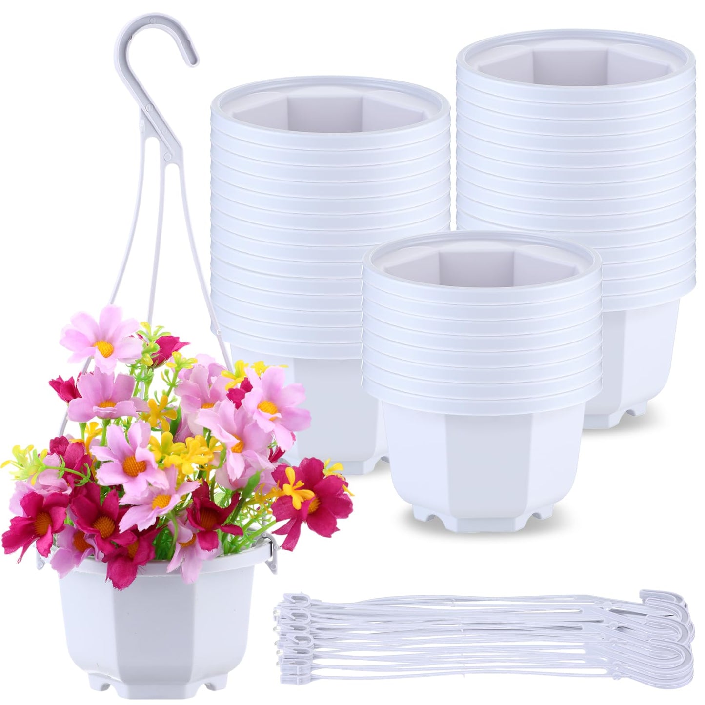 Roshtia 24 Pcs Hanging Plastic Planter Pot with Hook Flower Pots Baskets Hanging Nursery Planter Holder for Outdoor Indoor Plant Garden(Ceramic White,3.7 Inch)