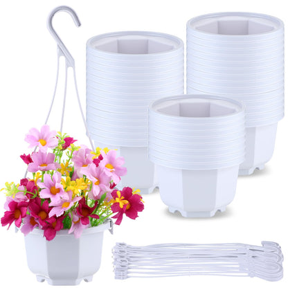 Roshtia 24 Pcs Hanging Plastic Planter Pot with Hook Flower Pots Baskets Hanging Nursery Planter Holder for Outdoor Indoor Plant Garden(Ceramic White,3.7 Inch)