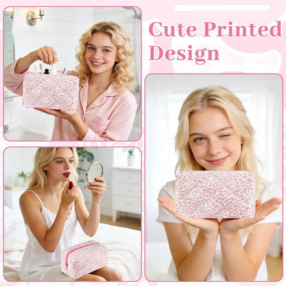 URSKYTOUS Quilted Makeup Bag Floral Large Cute Cosmetic Bag Cotton Puffy Makeup Organizer Coquette Travel Makeup Pouch Aesthetic Portable Zipper Toiletry Storage Bag for Women Girls (Pink)