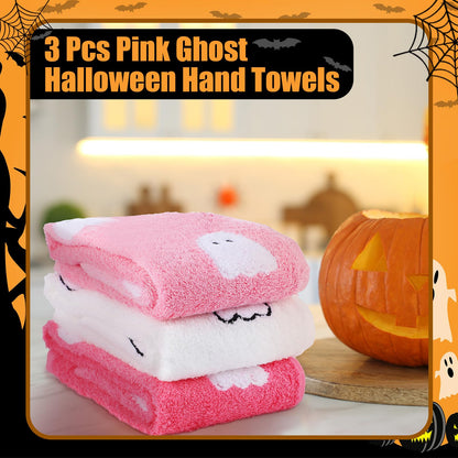 Oudain 3 Pcs Pink Ghost Hand Towels for Bathroom 100% Cotton Pink Halloween Embroidered Decorative Towels Cute Kitchen Gifts for Halloween Bath Shower Decors Housewarming 13.7 x 29.5 Inch