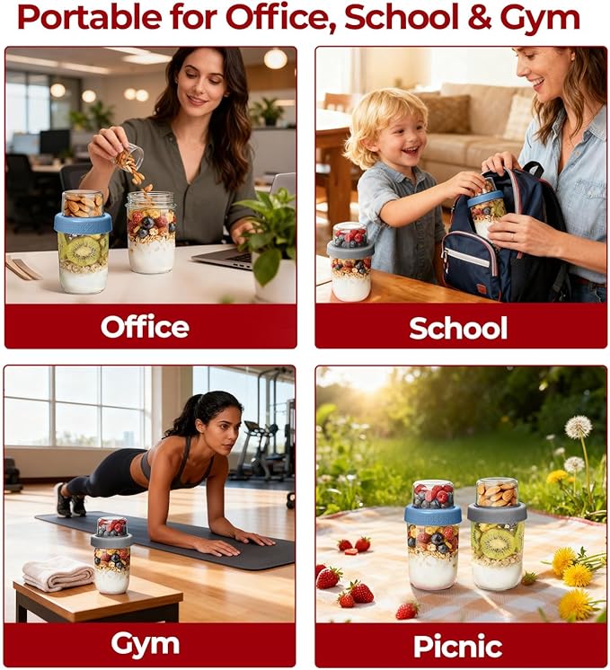 2 Pack Glass Yogurt Parfait Cups with Lids, 16+4oz Reusable Containers with Dry & Wet Separation, Leak-Proof for Overnight Oats, Meal Prep, Portable to Work & School, Easy Clean (Blue+Grey)