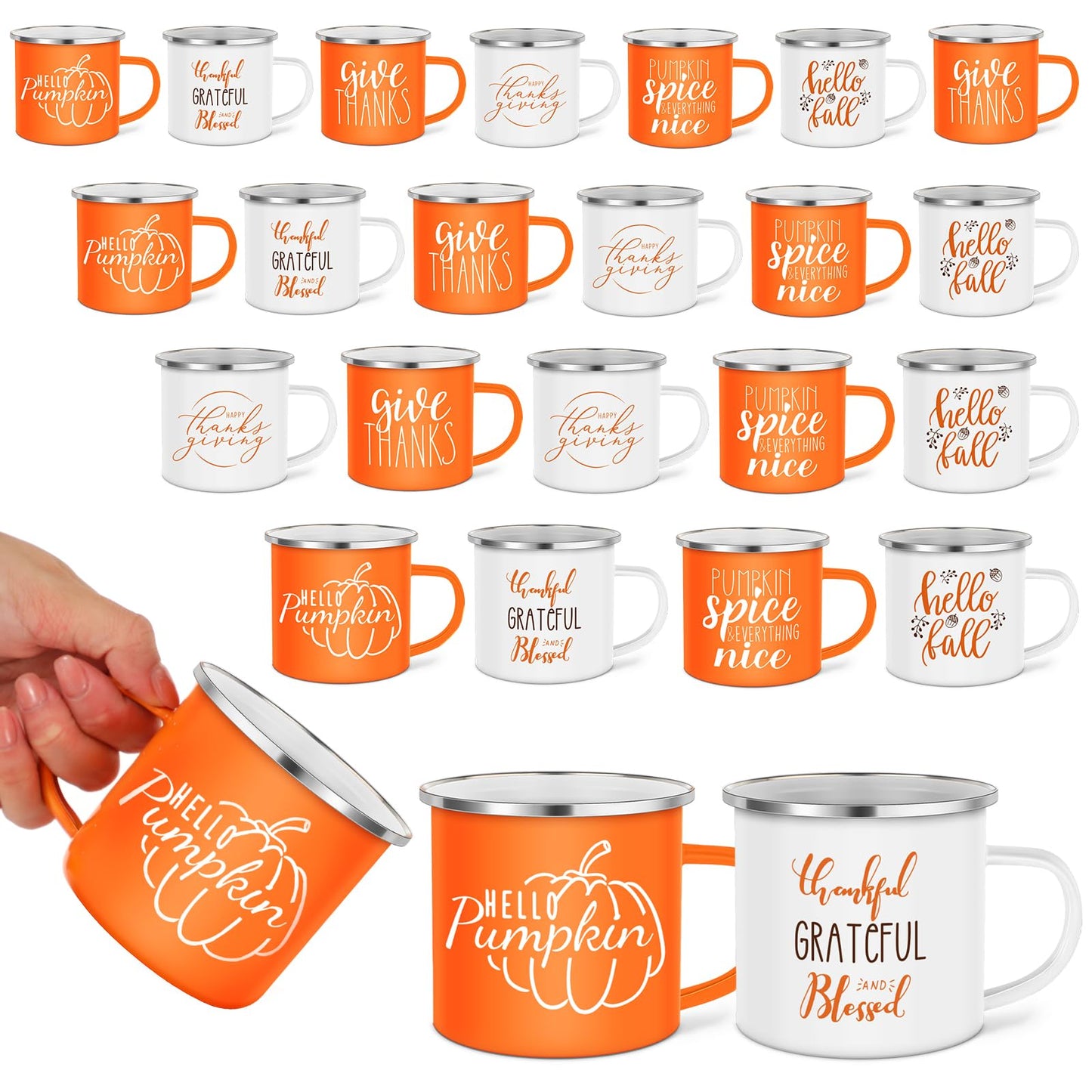 Fall Coffee Mugs 12 oz Thanksgiving Enamel Mug Autumn Coffee Mug Outdoor Camper Mug Hello Fall Pumpkin Spice Give Thanks Sign Camping Tea Cup Decor for Christmas Halloween Party Campfire(24 Pcs)
