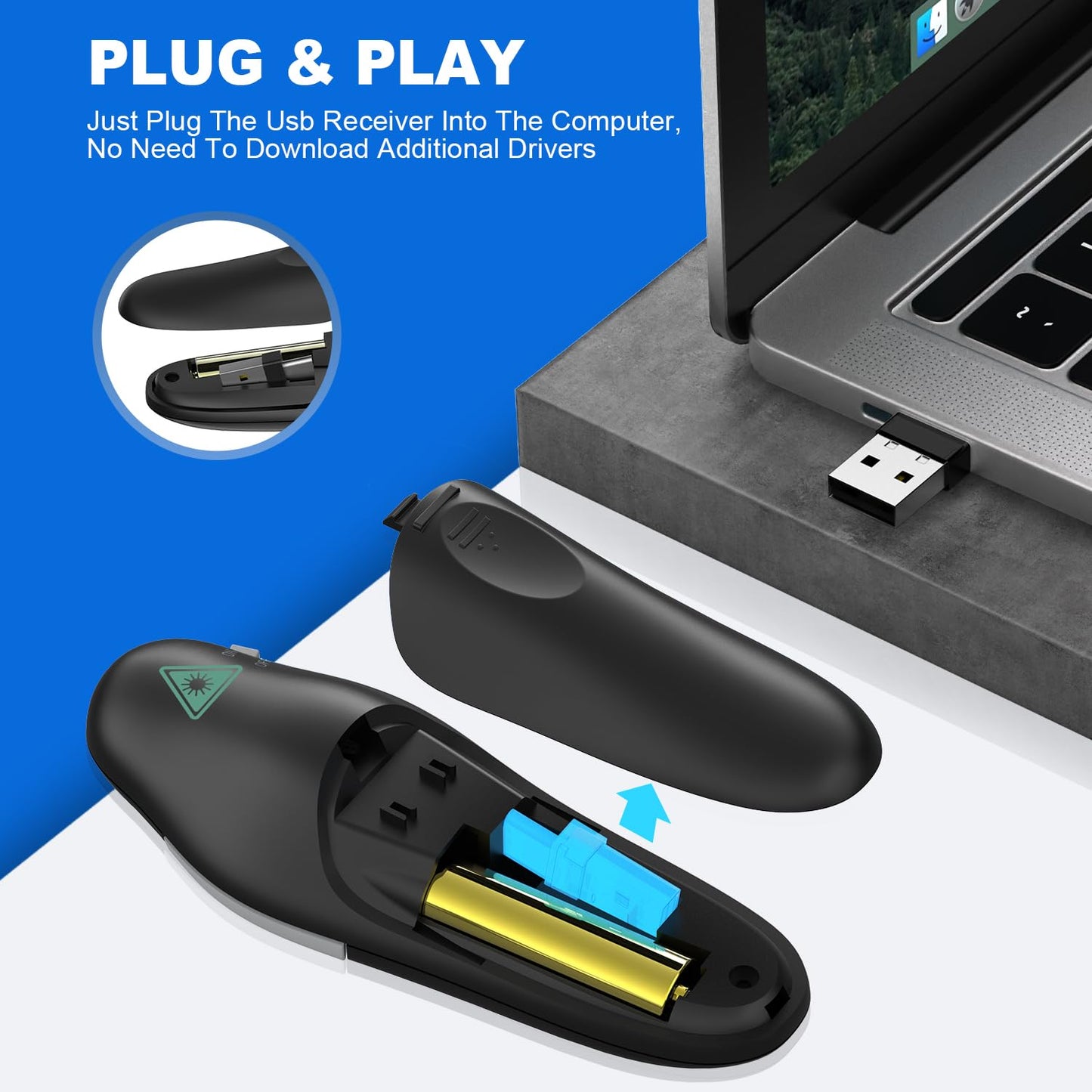 QUI 2 Pack Presentation Clicker, Wireless Presenter Remote Clicker for PowerPoint, Slide Advancer for Mac, Windows, Google Slide, Keynote (USB Type-c, Black Blue)